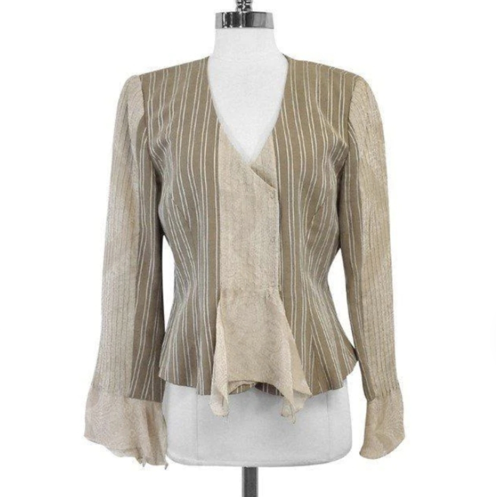 Armani Collezioni - Tan & White Pin Striped Linen & Silk Jacket Sz 14 - Picture 2 of 9
